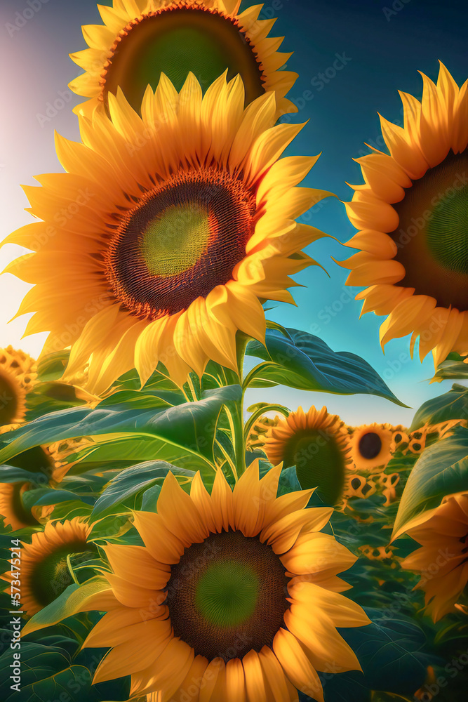 Beautiful sunflowers close-up in the field. AI generated.