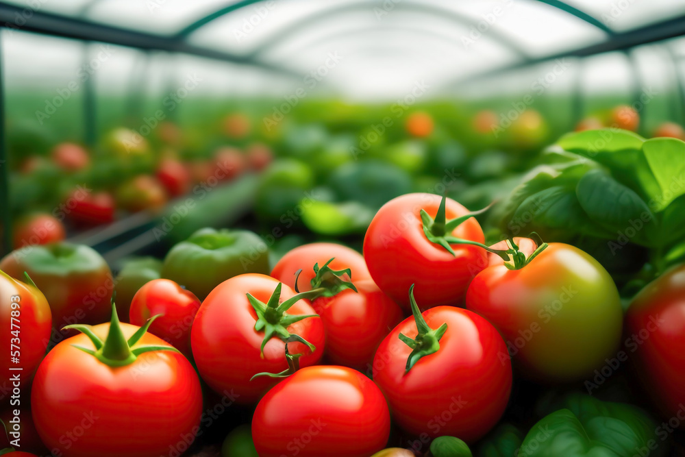 Ripe juicy red tomatoes in the greenhouse. AI generated.