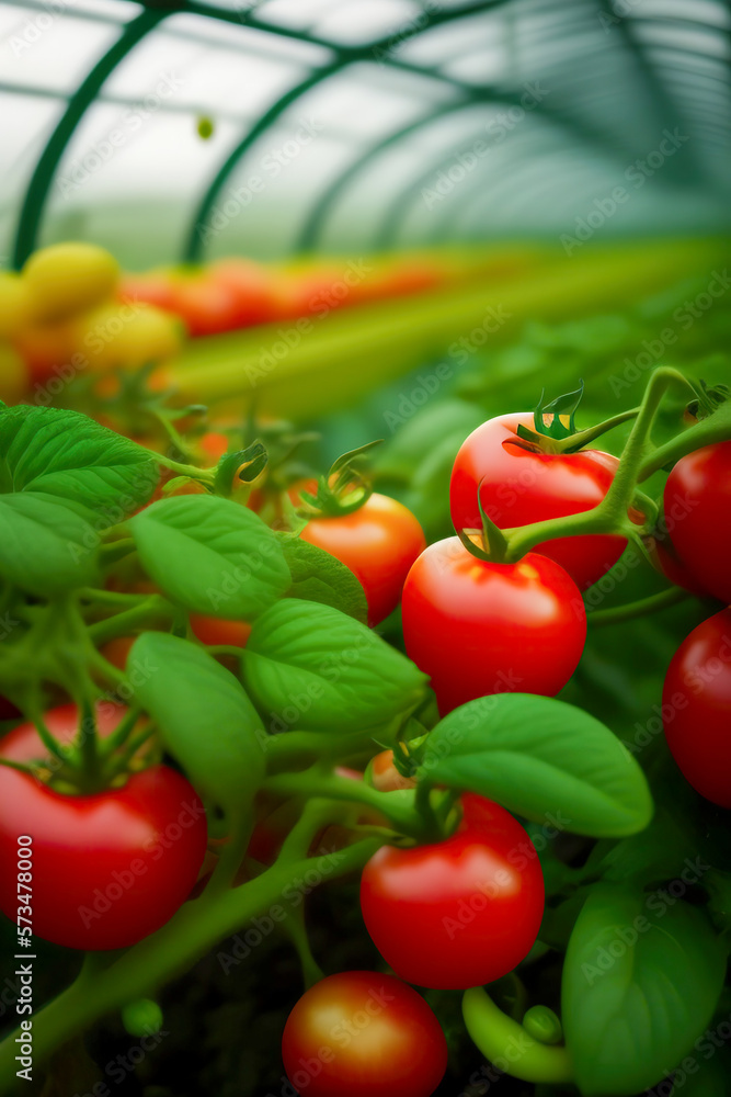 Ripe juicy red tomatoes in the greenhouse. AI generated.