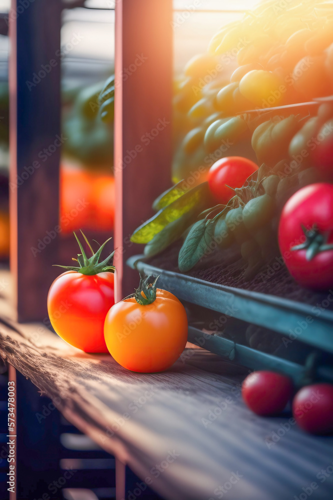 Ripe juicy red tomatoes in the greenhouse. AI generated.