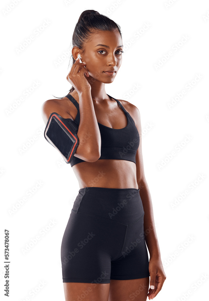 A healthy slim woman or an active fitness trainer listening to music, ready for workout routine with