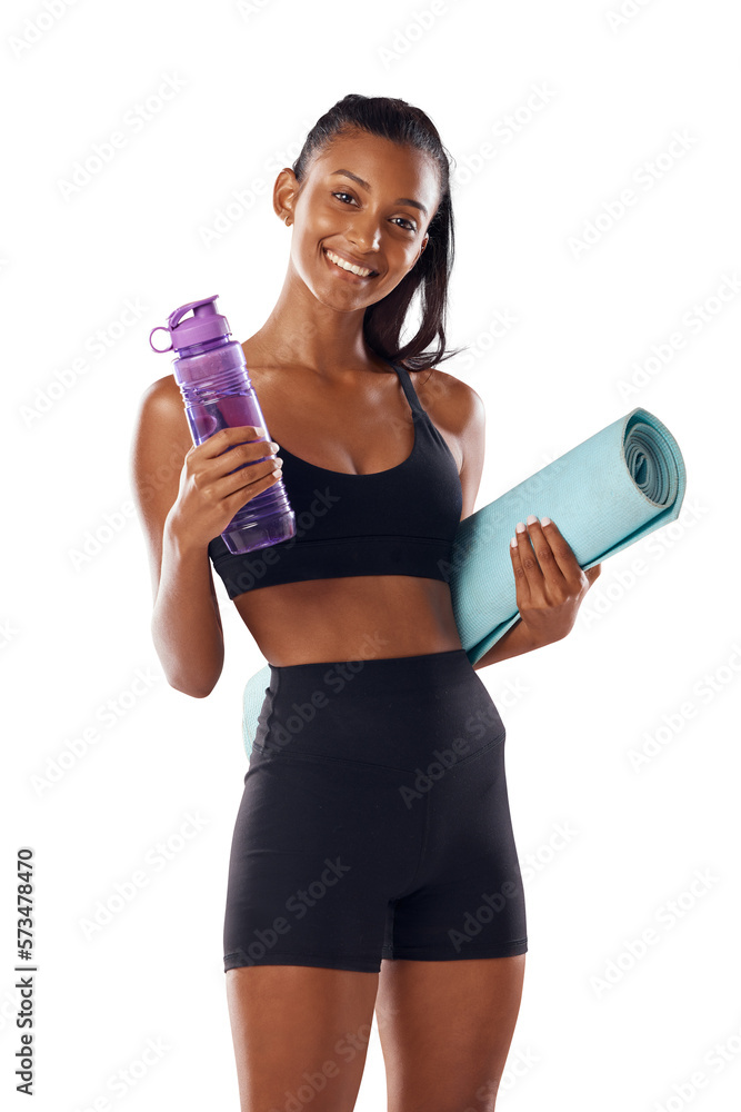 A happy fit body athlete woman holding a mat and a water bottle for yoga, pilates or exercise traini