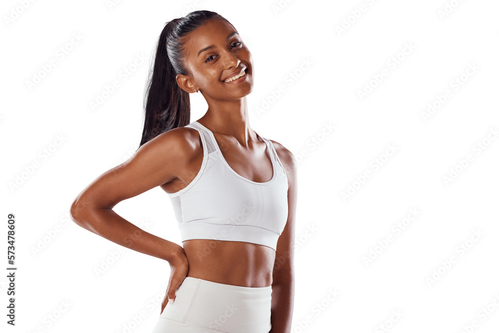 A stylish female athlete in sportswear smiling and feeling happy ready and excited for a workout wit