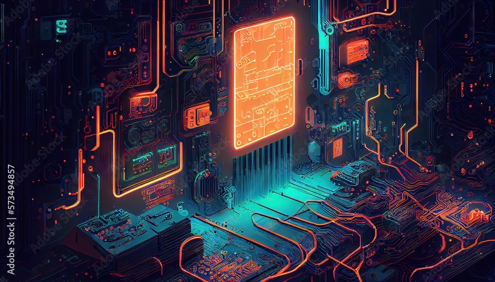 Cyberpunk intricate electronic machine with neon light. Circuit boards and wires. Generative AI