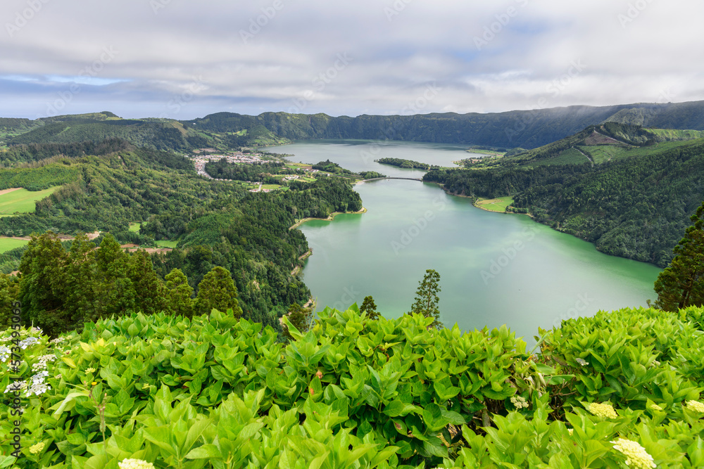 Lagoa Azul and Lagoa Verde volcanic lakes in Sao Miguel, Azores / In the interior of the island of S