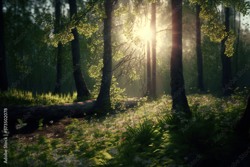 Spring coming in the woods. Trees with green leaves, green grass and sun behind the trees trunks. Cr