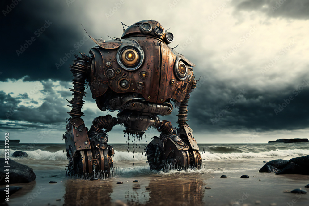 Old rusty robot on the sea shore. Created with Generative AI technology.