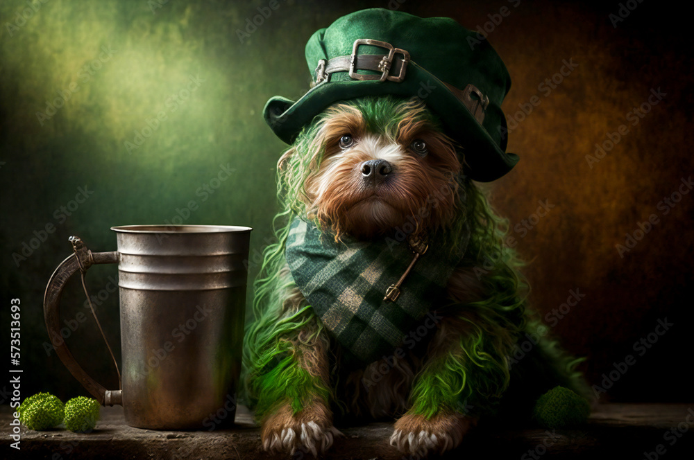 Green painted dog Irish dressed, near a beer pint. Created with Generative AI technology.