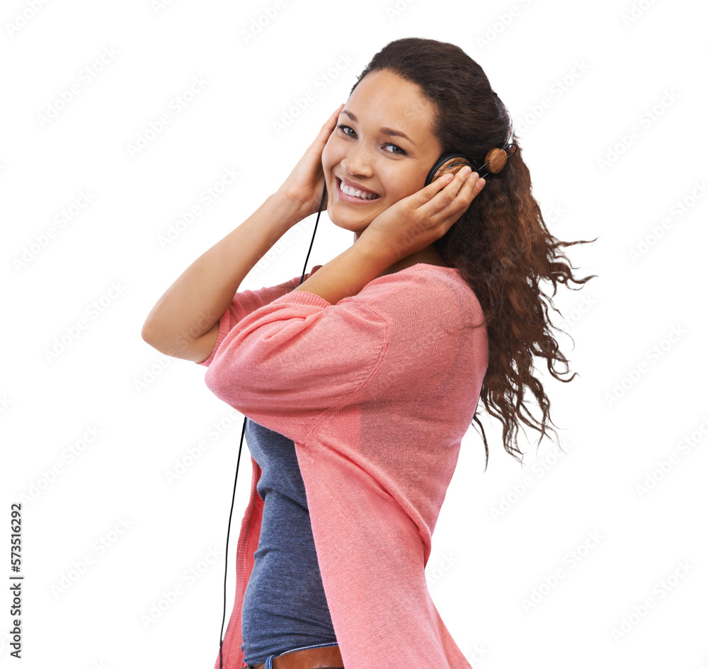 Happy young woman wearing a trendy earphones and listening or streaming to live to ads free subscrip