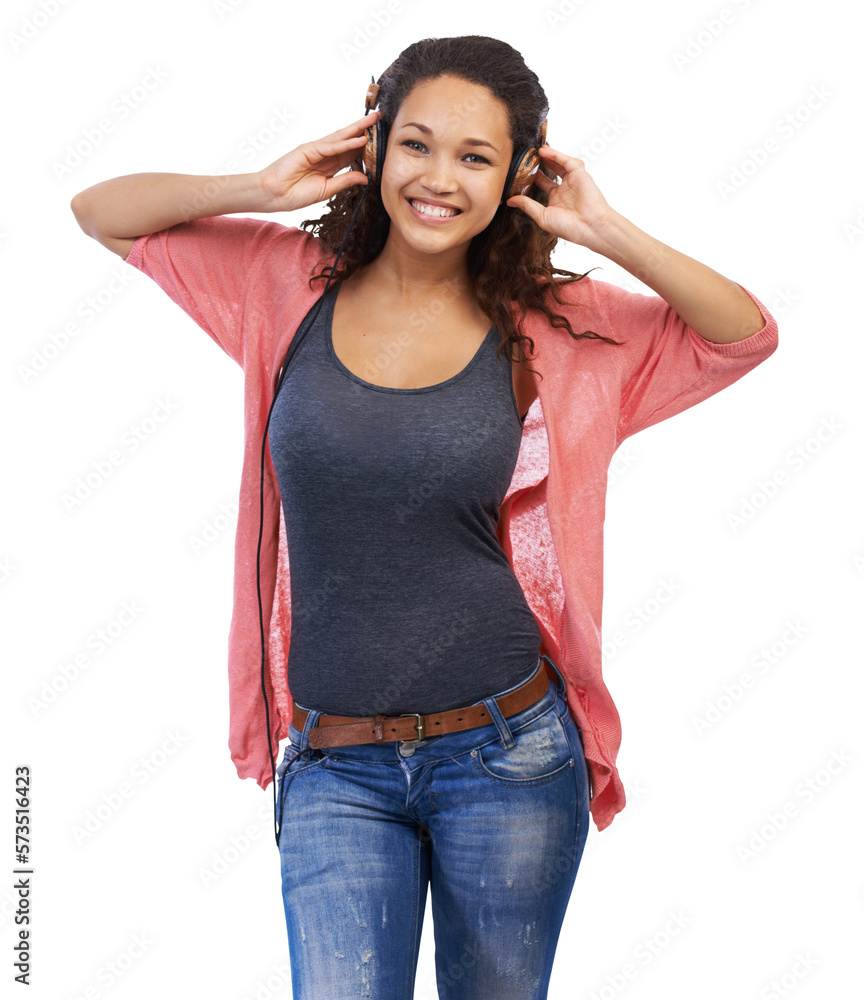 A millennial female in a trendy casuals with hifi headset streaming and listening or enjoying podcas