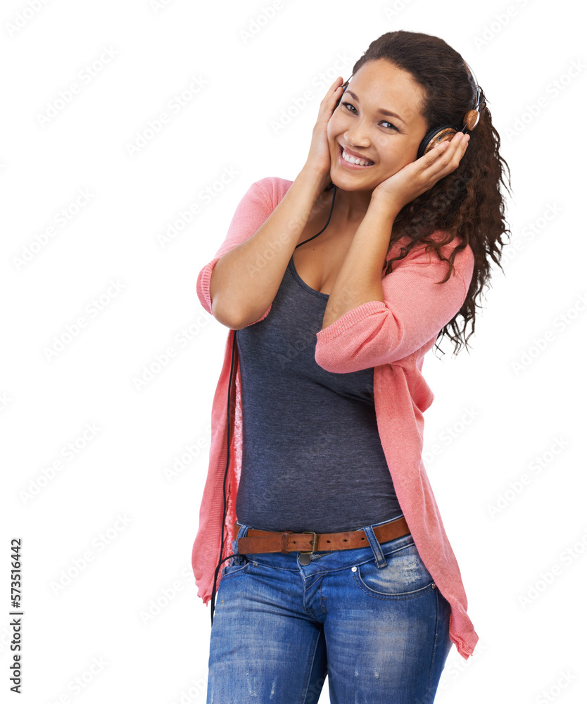 A joyful female with hifi headset streaming, listening or enjoying podcast, radio or audio, song or 