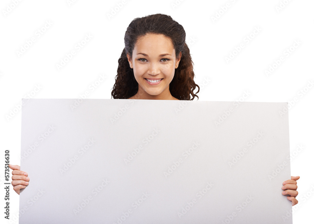 Smiling Latin female holding blank white pla card in hands and demonstrating at a copy space showing