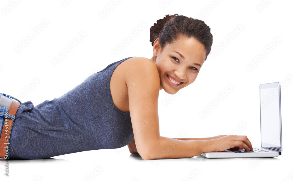 A joyful young university girl in 20s lying on the floor and completing her assignments and smiling 