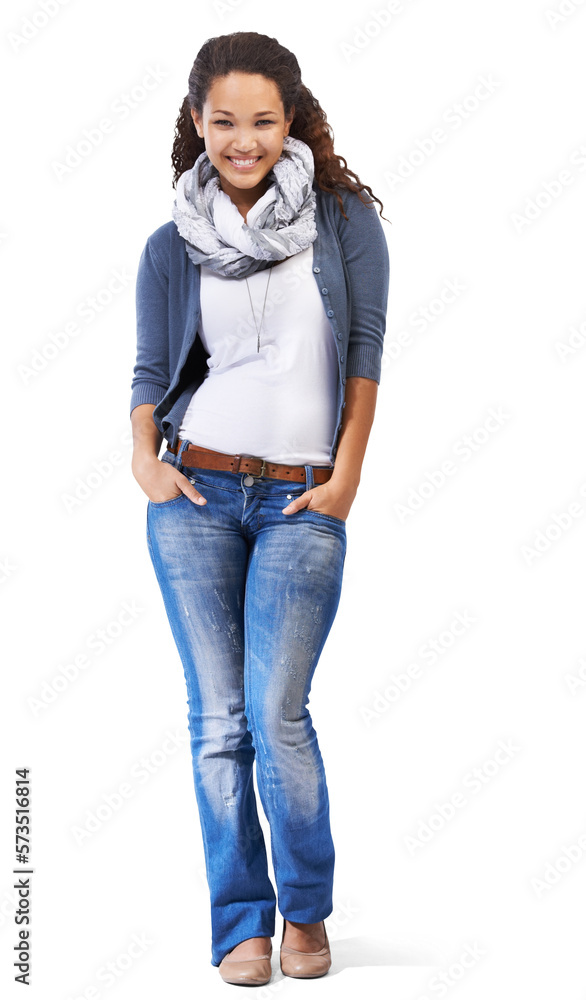 A confident college girl in trendy casuals with cheerful expression standing and holding hands in he