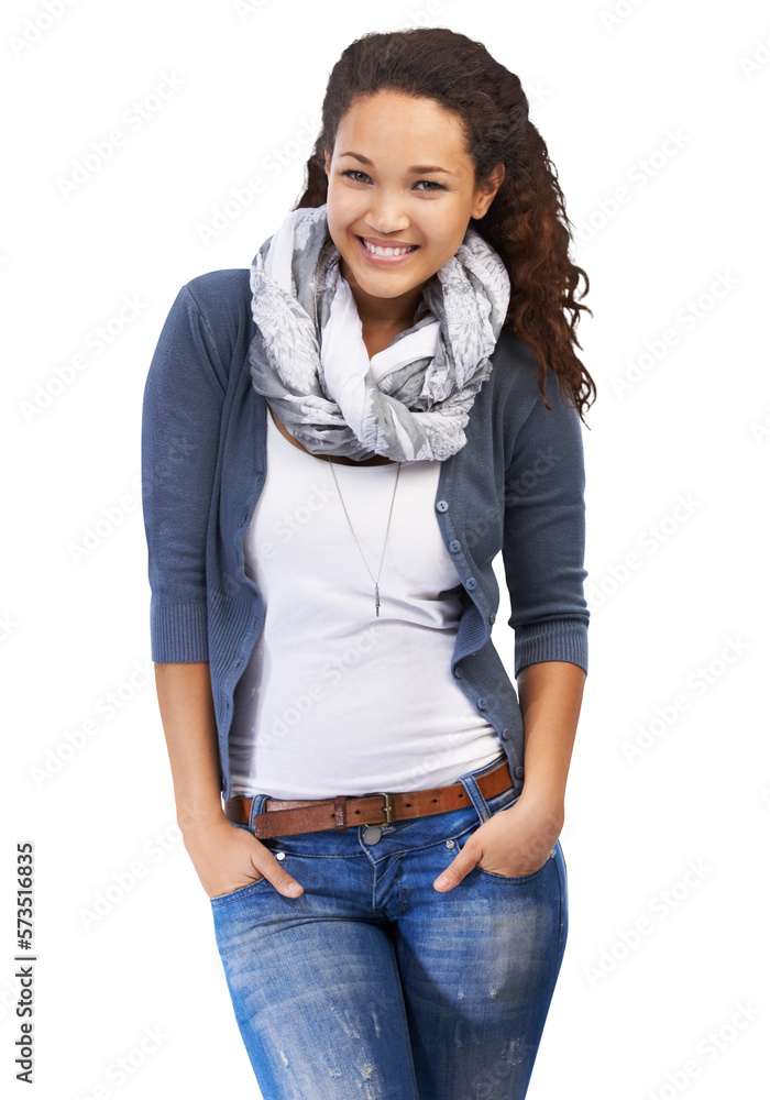 Happy carefree woman with joyful expression, smiling while standing in relaxed pose and holding hand