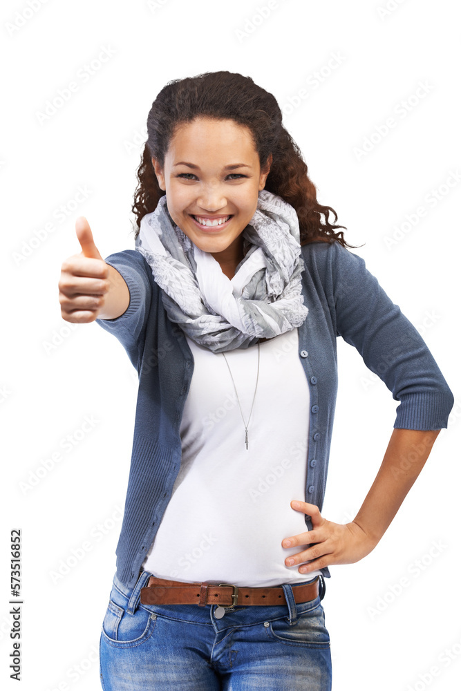 A trendy young confident Hispanic college girl with thumbs up gesture as a sign of support, approval