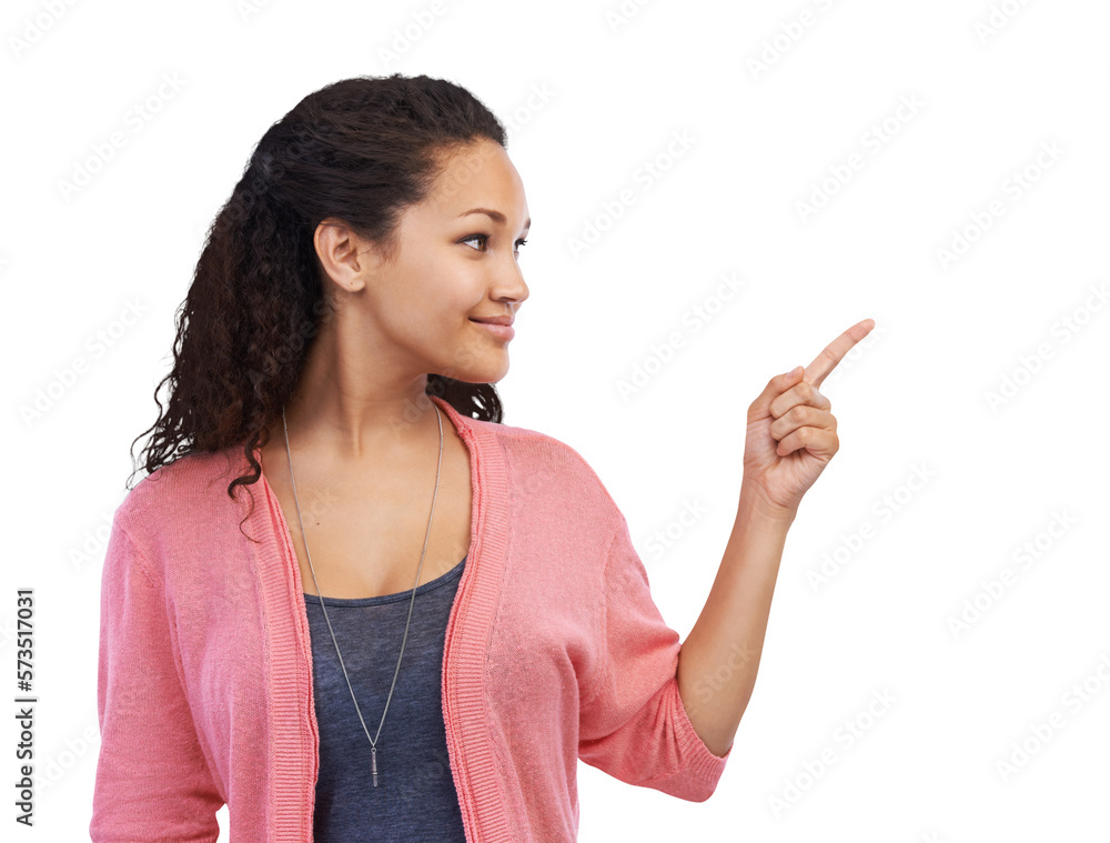 A millennial Hispanic girl pointing at a copyspace for advertising or marketing idea, product or bra