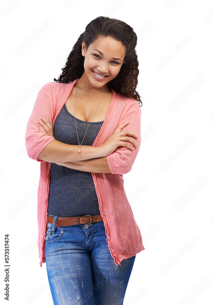 A fit millennial Latino female model posing with arms crossed in style, motivation and in confidence