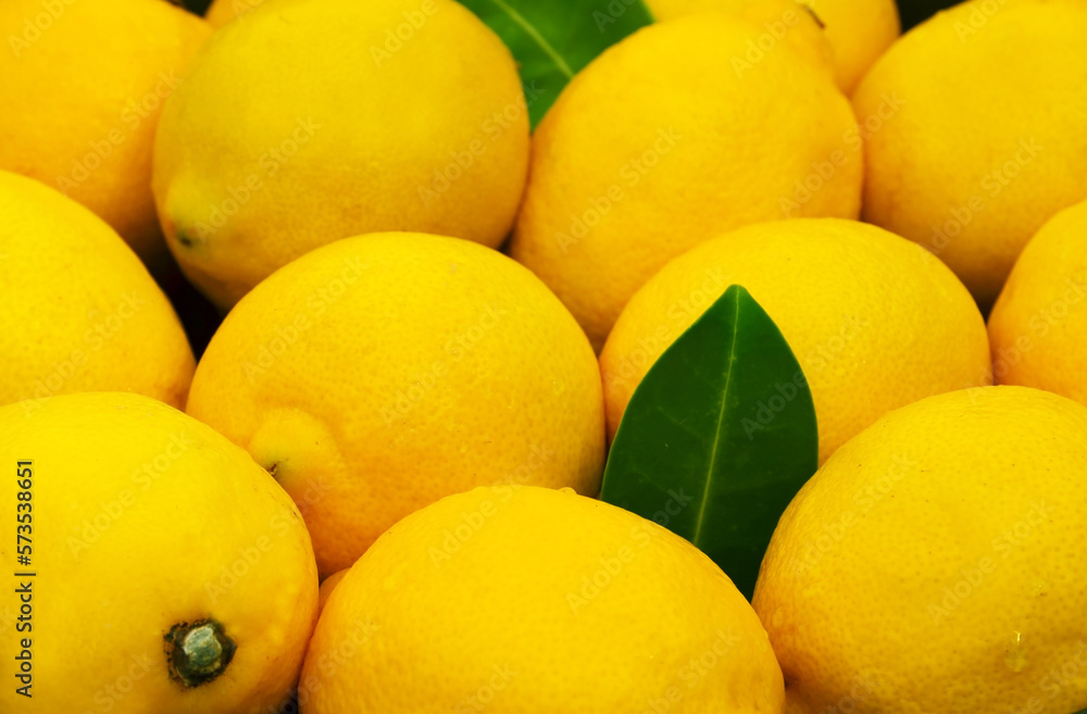 Fresh ripe yellow lemon citrus fruits with green leaves on a dark plate on a gray background.Whole l