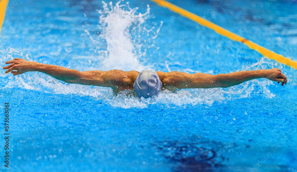 swimmer athlete swimming butterfly stroke front view