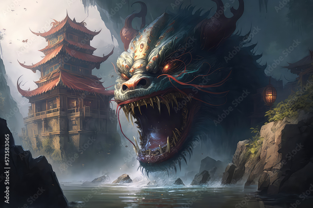 Digital painting fantasy painting of a chinese temple and giant dragon digital illustration, illustr