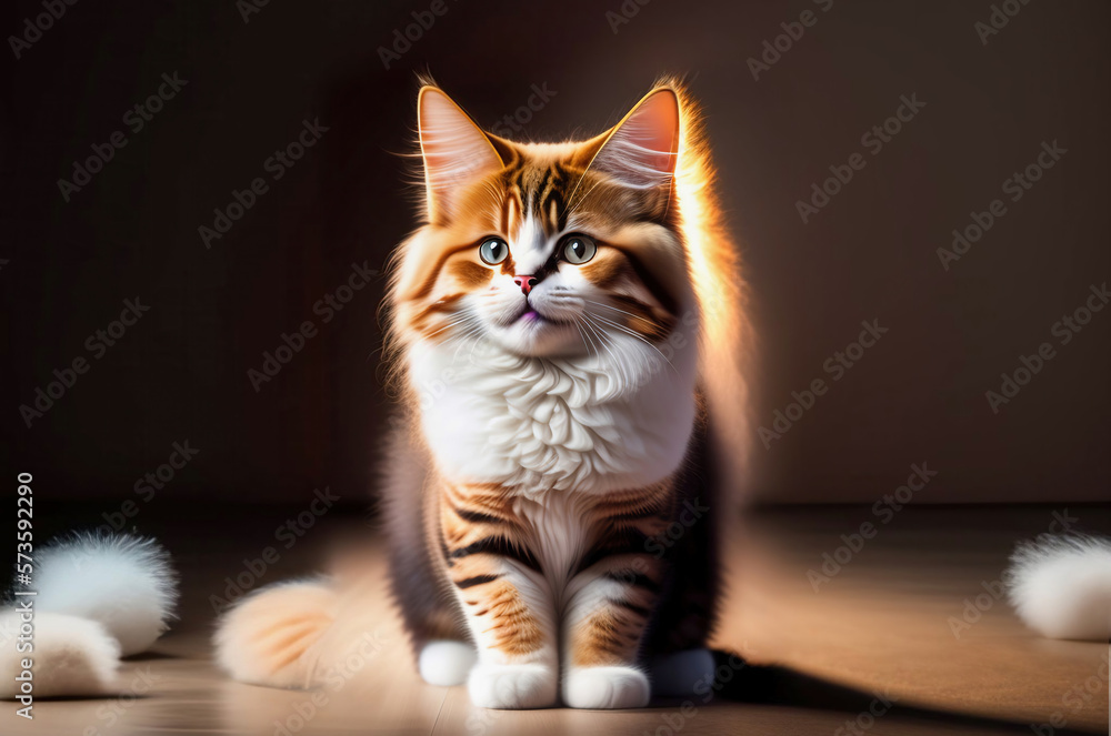 Cute fluffy red and white young cat. AI generated.