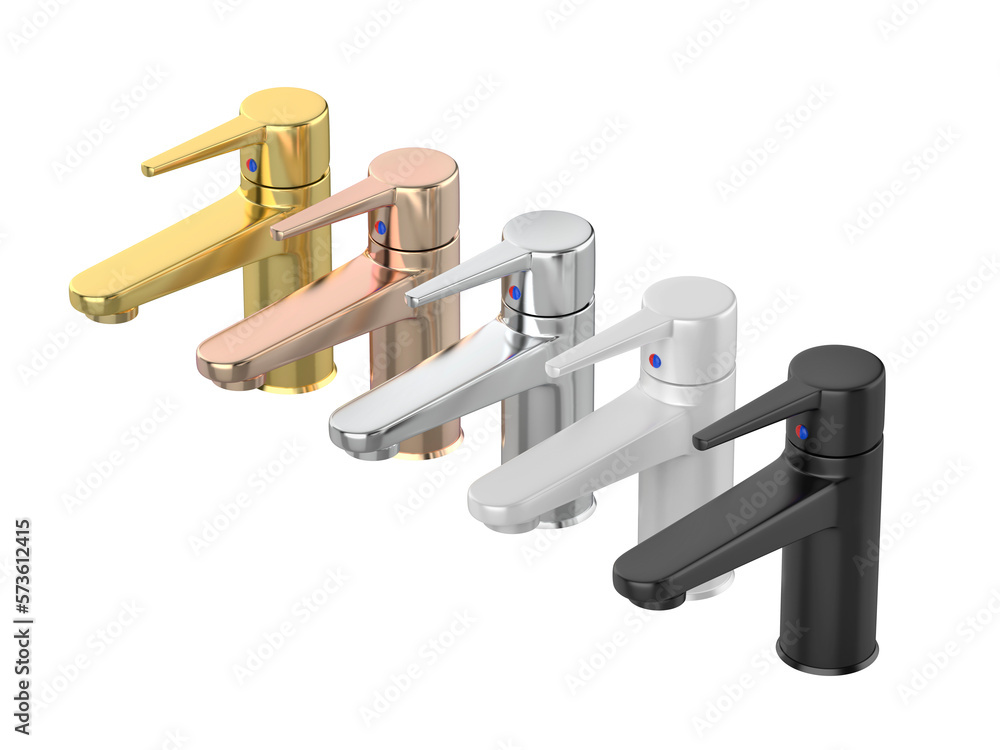 Five bathroom faucets with different colors and materials on transparent background