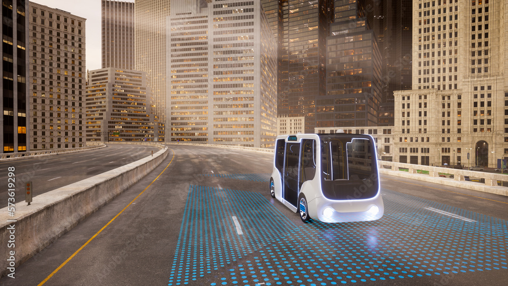 Autonomous electric bus self driving on street, Smart vehicle technology concept, 3d render