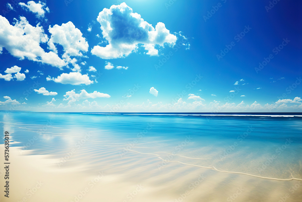 Empty white beach with a bright blue sky. Idyllic tropical seascape. Paradise beach. Generative AI