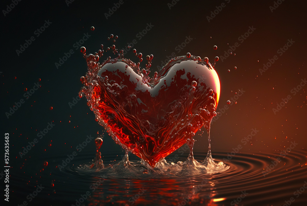 Heart-shaped red wine stream with bubbles, drops, splashes. Valentines day concept. Generative AI