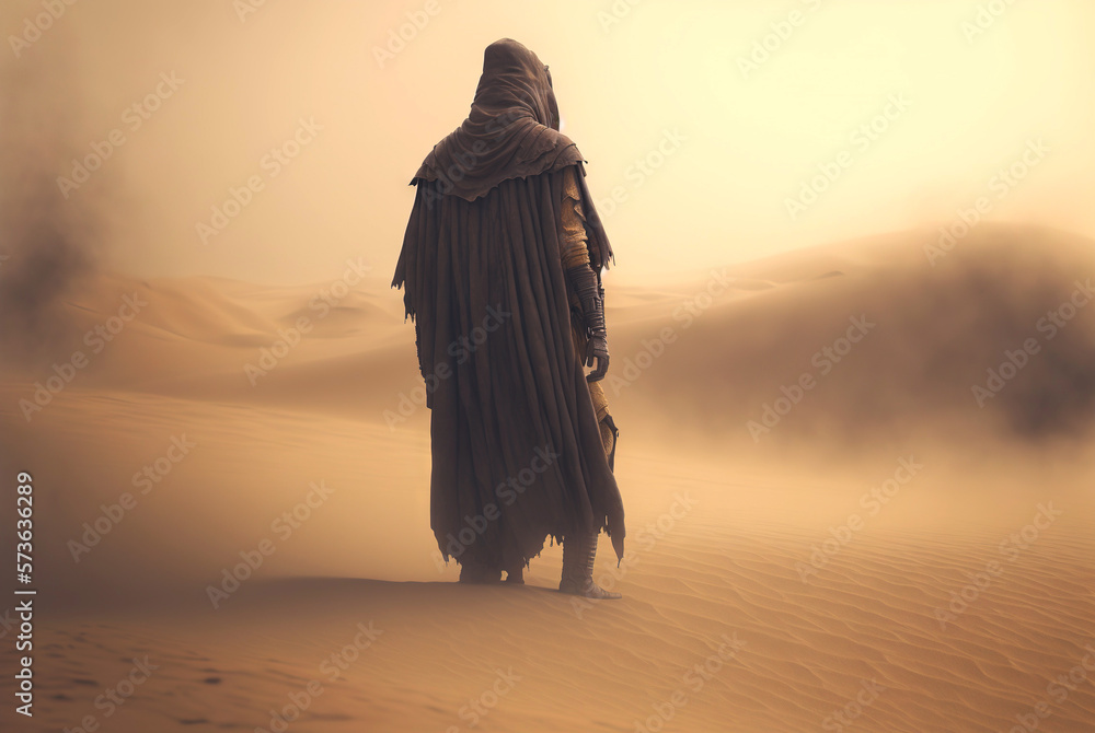 Man in coat stand in a desert sands during the storm. Sand in a air, dusty mist. Generative AI