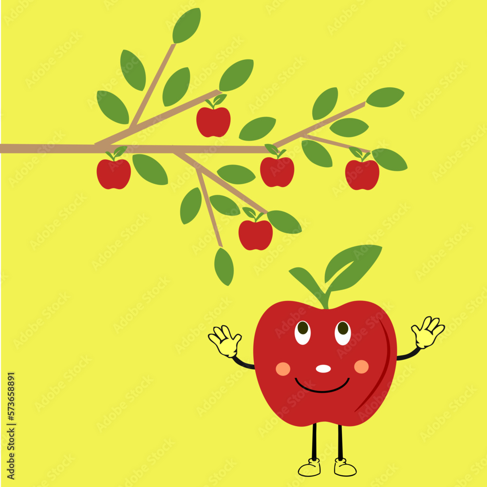 Apples on a branch, one apple has fallen and looks up. Vector illustration.