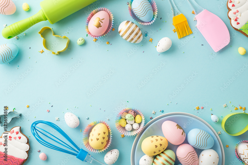 Easter concept. Top view photo of colorful eggs in plate rolling pin silicone spatula brush whisk ba