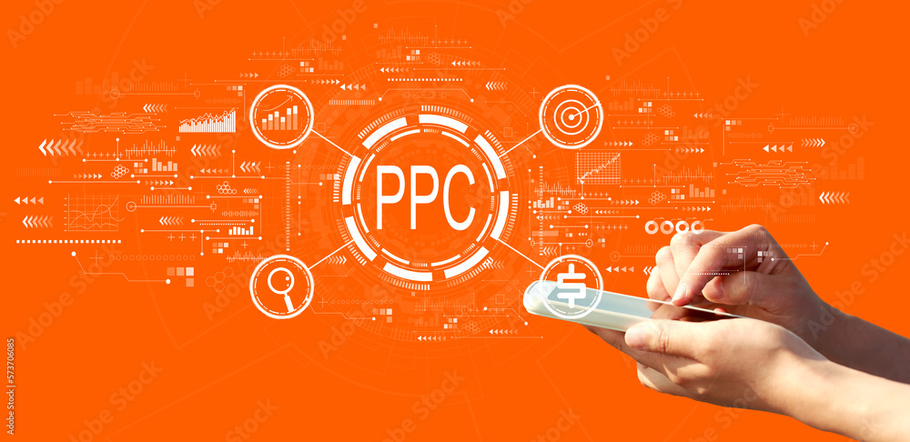 PPC - Pay per click concept with person using a smartphone on a orange background