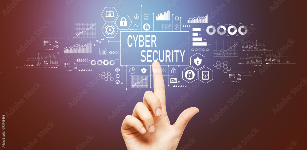 Cyber security theme with hand pressing a button on a technology screen