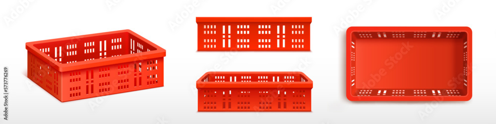 Vector set with red empty plastic crate front and side view. 3d vegetable box for grocery delivery. 