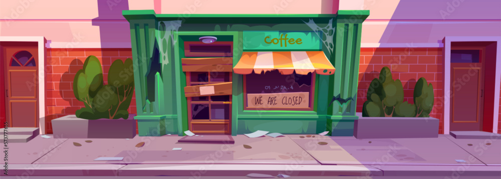 Abandoned vintage cafe exterior cartoon background. Broken door, torn awning and messy sidewalk outs