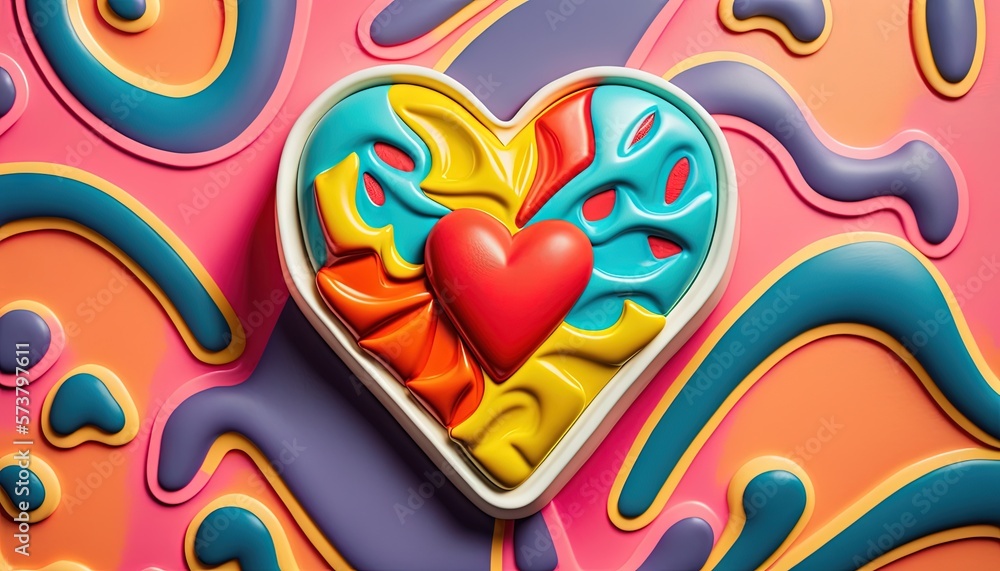  a heart shaped cookie with a colorful background and swirls of paint in the shape of a heart on a p