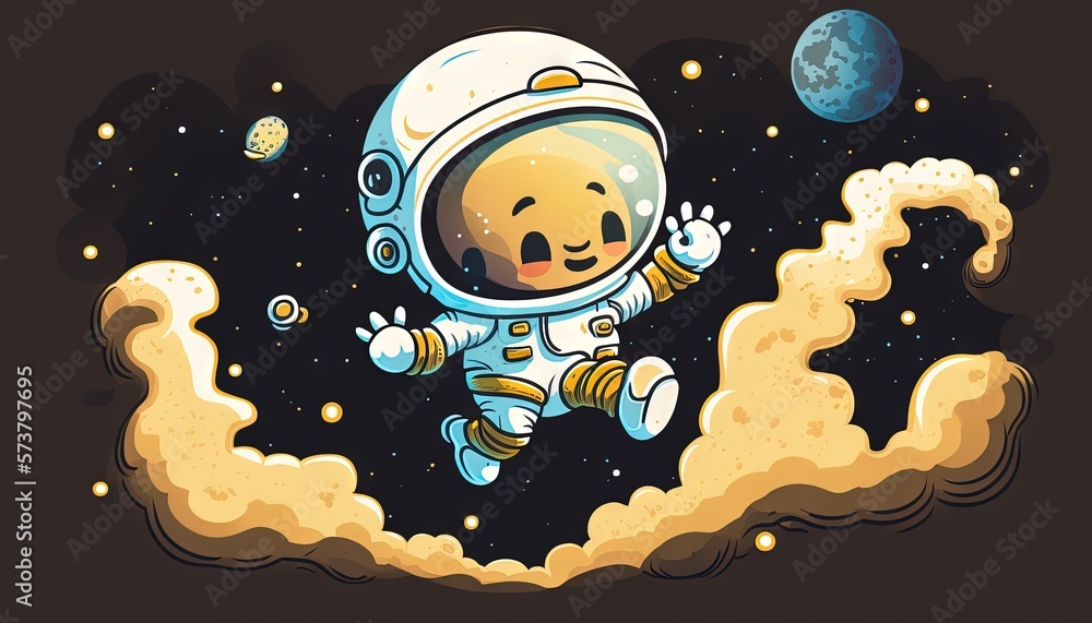  a cartoon of an astronaut floating in the sky above the clouds and planets, with a bear in the spac