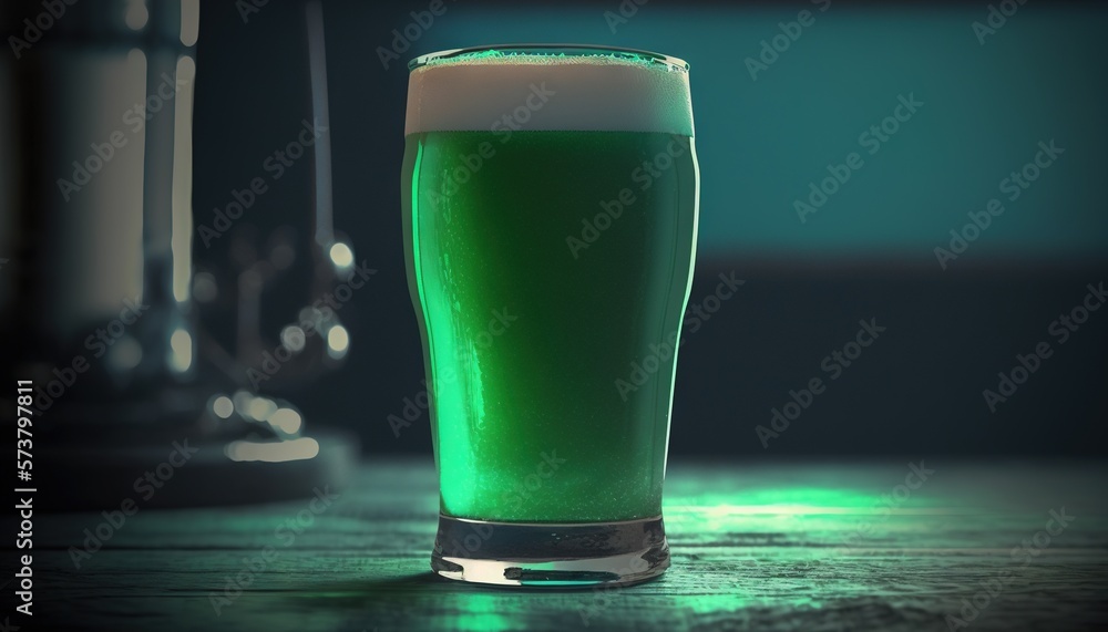  a glass of green liquid sitting on a table next to a glass of water and a glass of beer on a table 