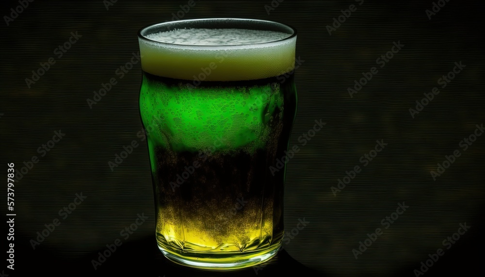  a tall glass of beer with a green liquid in it on a black background with a spot of light on the bo