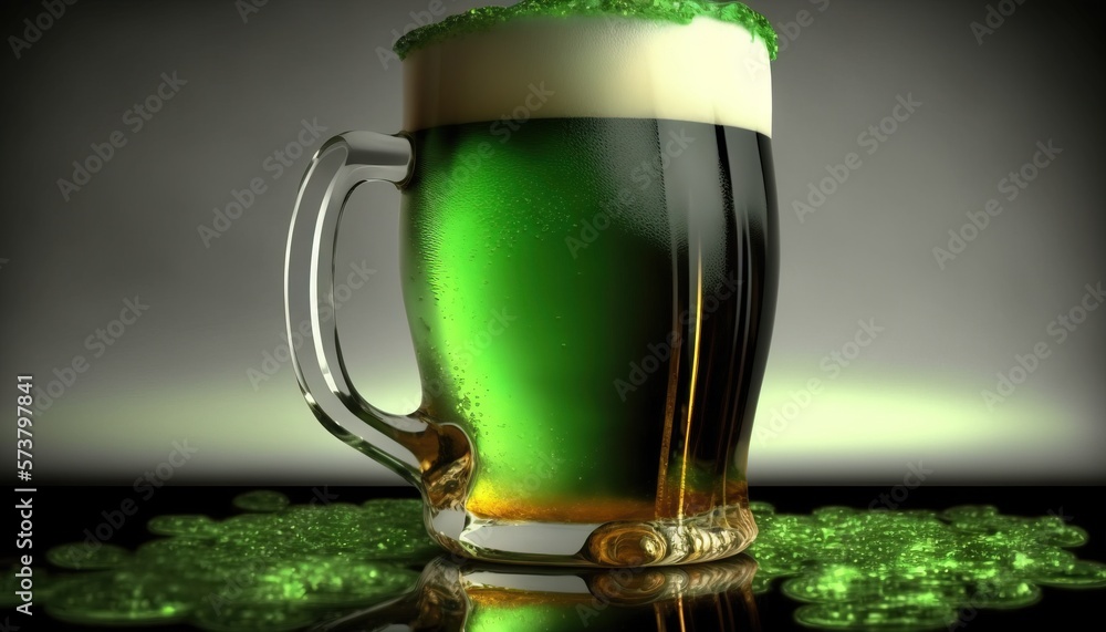  a glass of beer with a green substance on a table with a black background and green circles around 