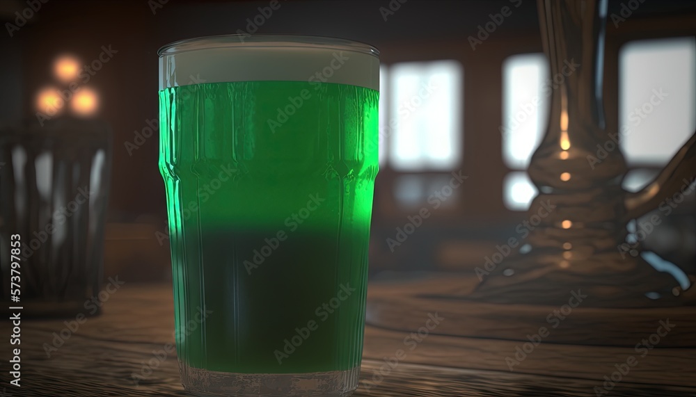  a glass of green liquid sitting on a table next to a candle holder and a vase with candles in the b