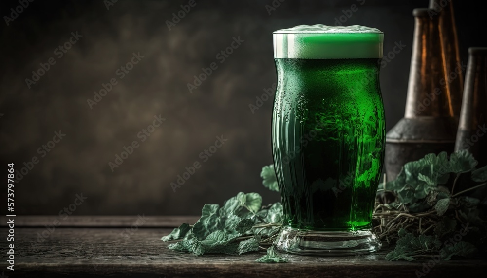  a glass of green beer next to a bottle of beer on a wooden table with leaves and a sprig of ivy on 