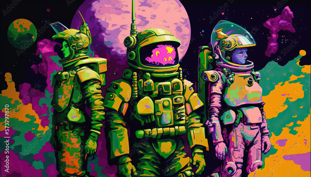  a painting of two astronauts standing next to each other in front of a planet with a pink and yello