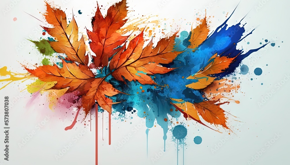  a painting of a colorful leaf with paint splatters on the bottom of it, and a splash of paint on th