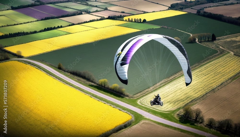  a person paragliding over a lush green field next to a country road and a yellow and green field wi