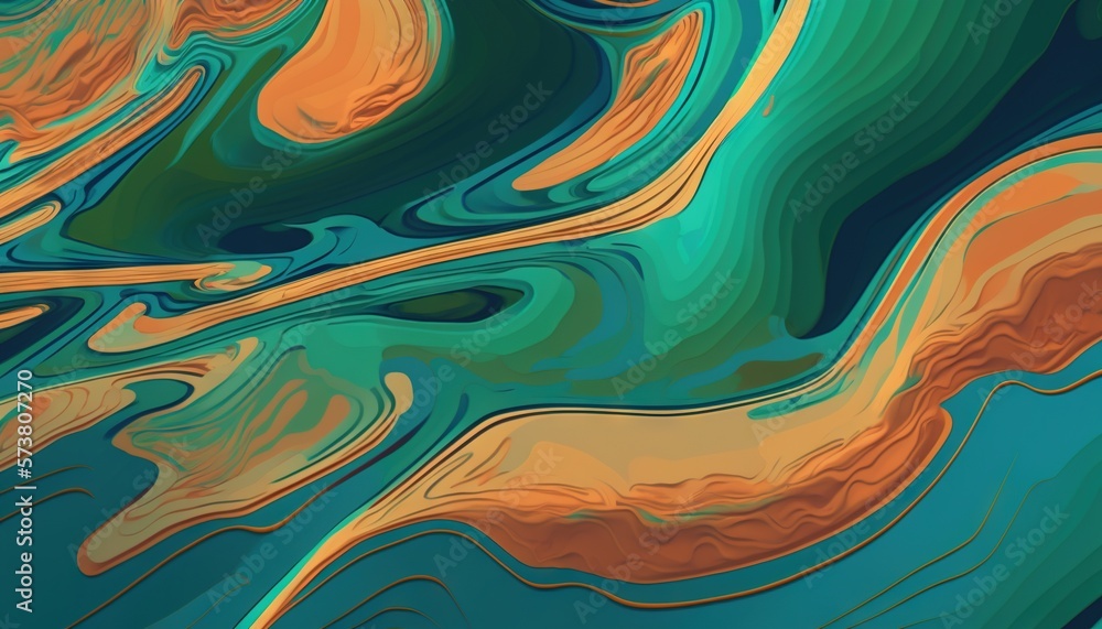  an abstract painting of a blue, orange, and green liquid or liquid substance with a wavy pattern on