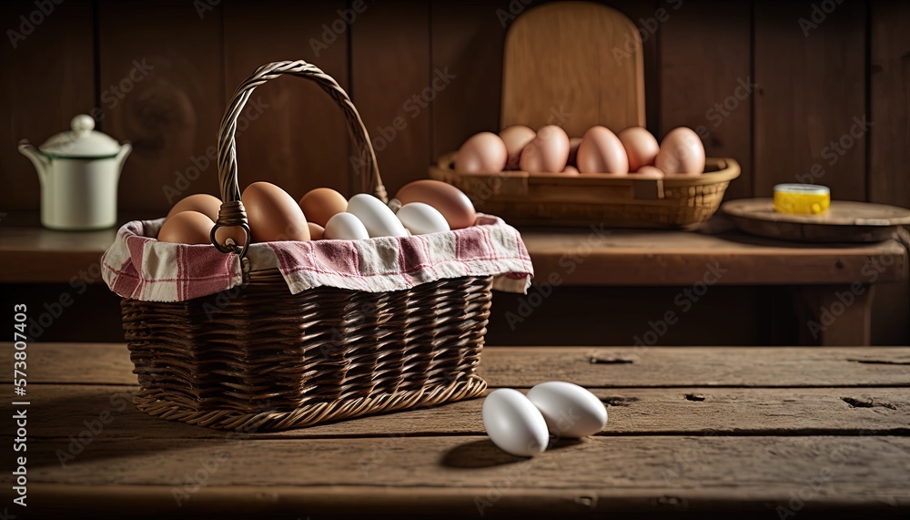  a basket of eggs sitting on top of a wooden table next to a basket of eggs on top of a wooden table