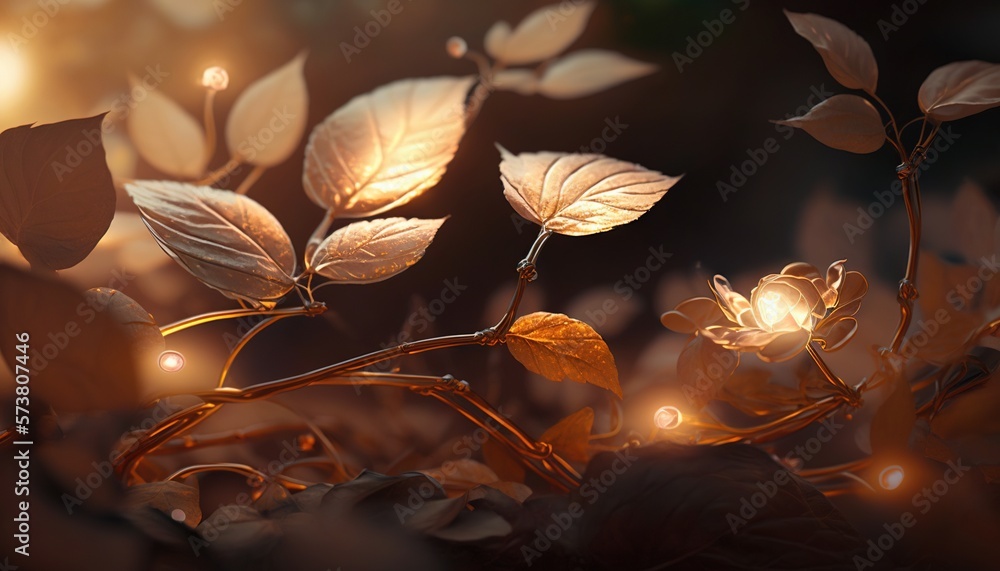  a close up of a plant with leaves and lights in the dark night sky behind it, with a blurry backgro